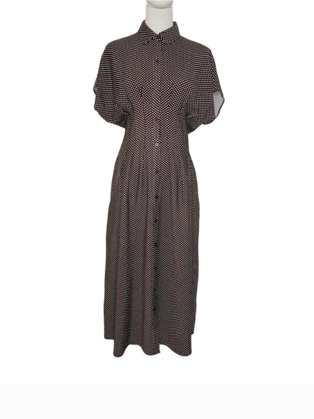 Pindot Pleated Midi Pocket Shirtdress Brown & White Large - Picture 5 of 5